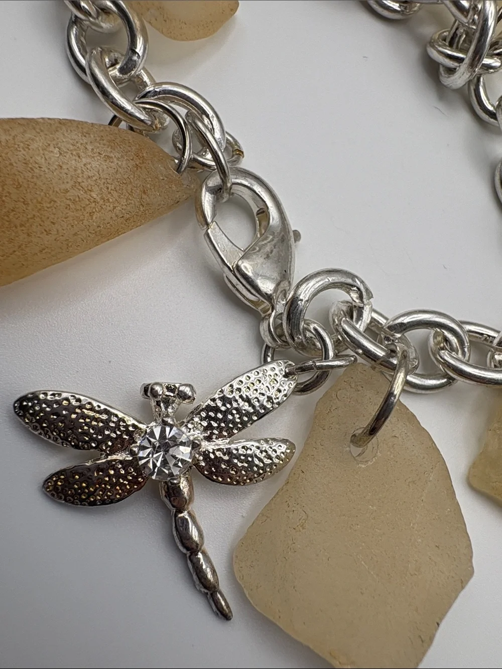 Sea Glass Dragonfly Charm Bracelet - Cream/Tan